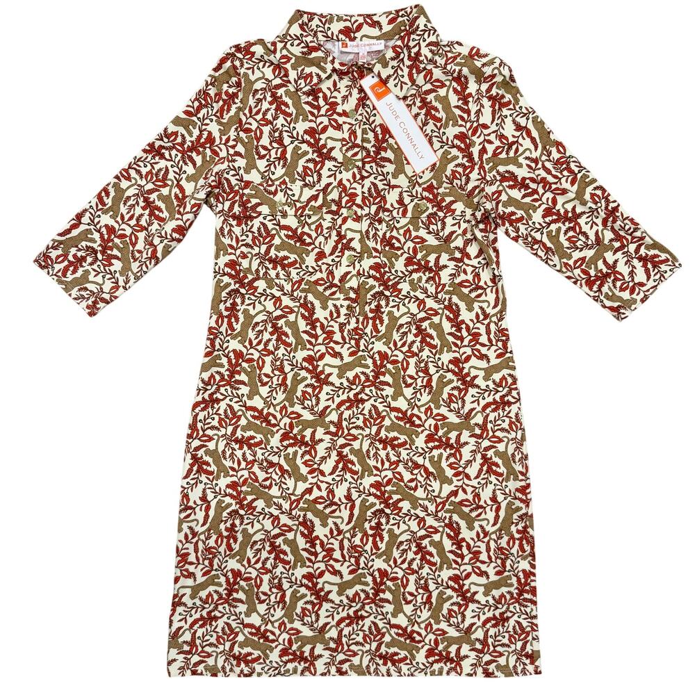 NWT Jude Connally Sloane Jungle Cheetah Dress M Cream Red Brown 3/4 Sleeve